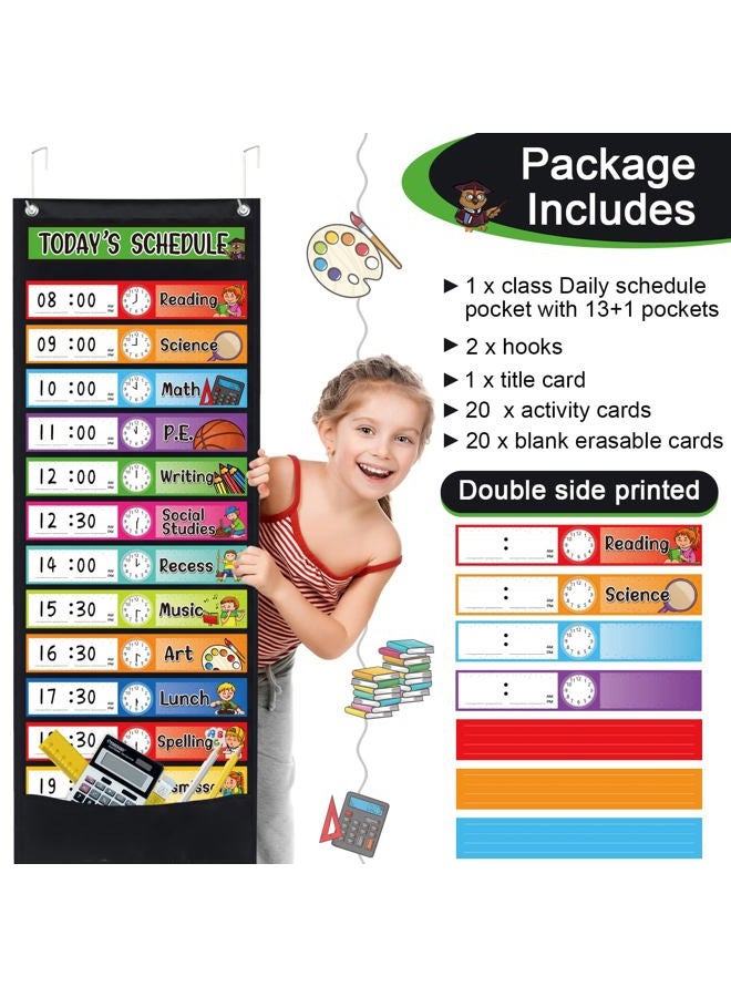 Daily Schedule Pocket Chart Kit,40 Bright Attractive Double-Sided Reusable Erasable Cards,1 Title Card,13+1 Scheduling Pocket Chart with 2 Hangers for Classroom Office Home Preschool Learning (Black) - Image 2