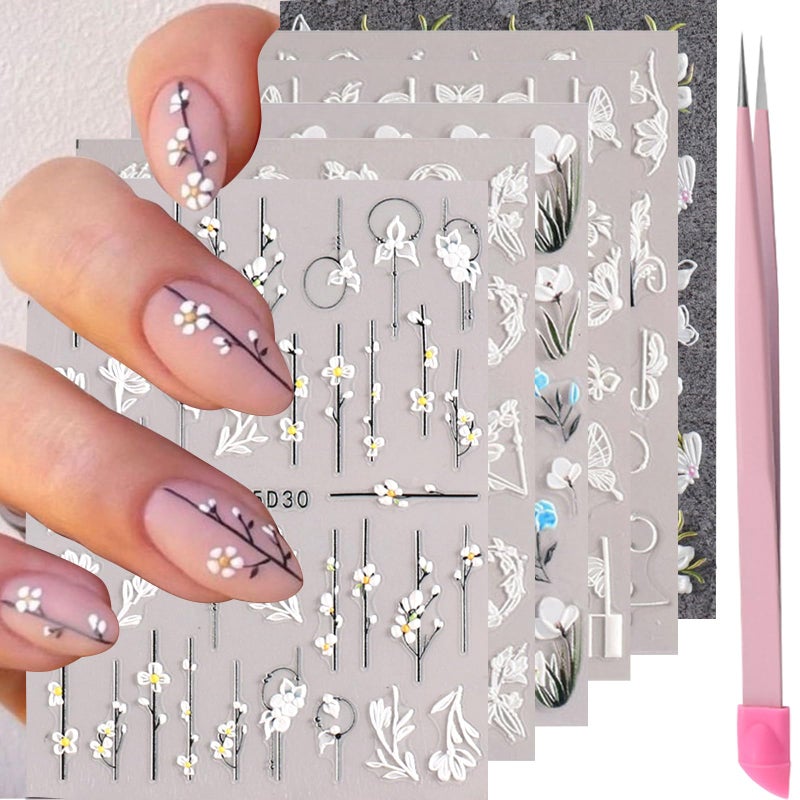 VOTACOS Flower Nail Stickers for Nail Art 5D Embossed Engraved Nails Decals 3D Spring Summer Accessories White Blue Self-Adhesive Nails DIY Design Decoration for Women Girlsï¼ˆ6 Sheets - Image 1
