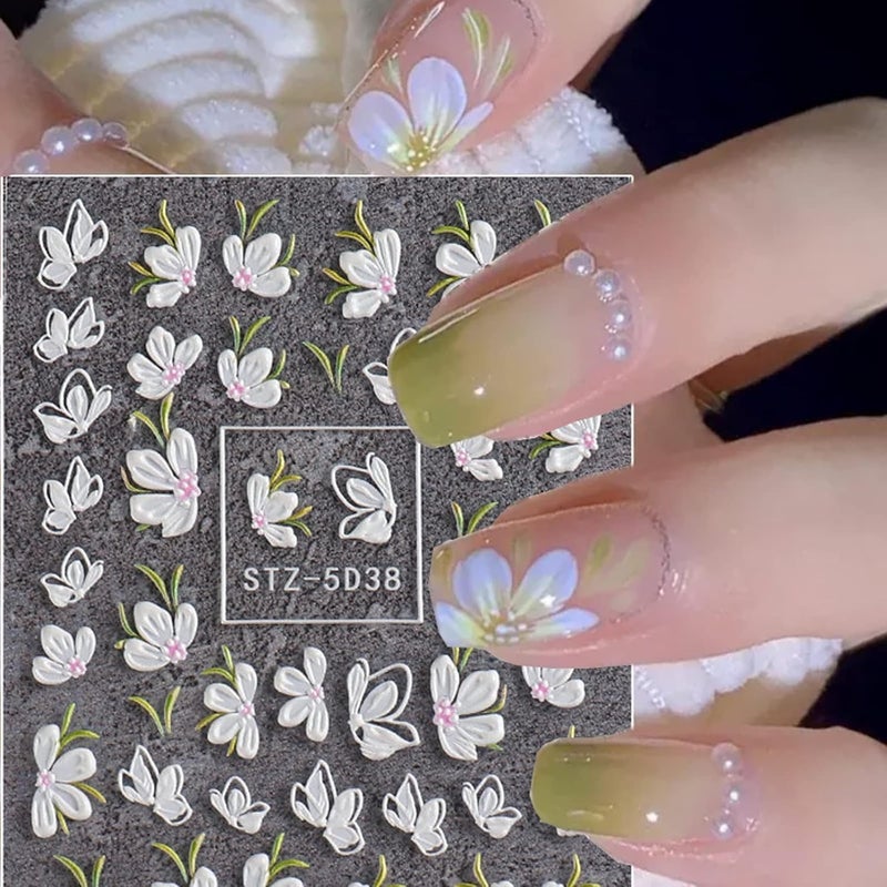 VOTACOS Flower Nail Stickers for Nail Art 5D Embossed Engraved Nails Decals 3D Spring Summer Accessories White Blue Self-Adhesive Nails DIY Design Decoration for Women Girlsï¼ˆ6 Sheets - Image 5