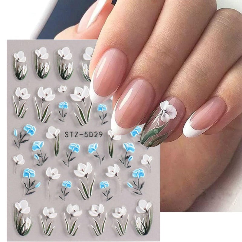 VOTACOS Flower Nail Stickers for Nail Art 5D Embossed Engraved Nails Decals 3D Spring Summer Accessories White Blue Self-Adhesive Nails DIY Design Decoration for Women Girlsï¼ˆ6 Sheets - Image 2