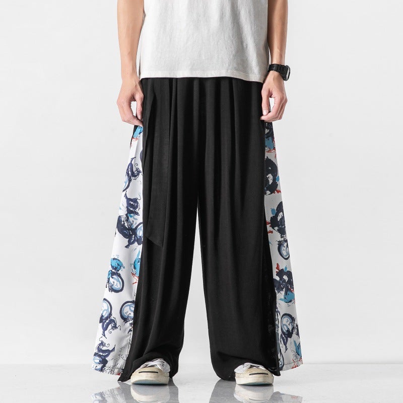 Chinese Style Cotton Linen Crane Printed Wide-legged Pants Mens Hanfu Tang Suit Ancient Costume Performance Costume Antique Fairy Elegant Culottes Black Dragon