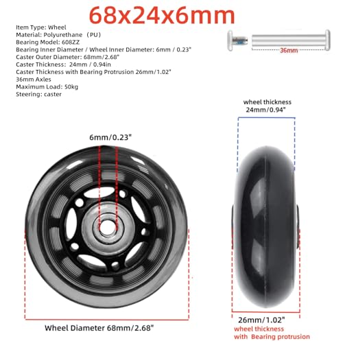 Rhinenet Replacement Luggage Suitcase Wheels OD 68mm Repair Kit Parts Axles Rubber Metal Clear Wheel Roller Bearings Tools Wear-Resistant Mute Flexible Set of (2) Wheels 68mm x 24mm x 6mm - Image 2