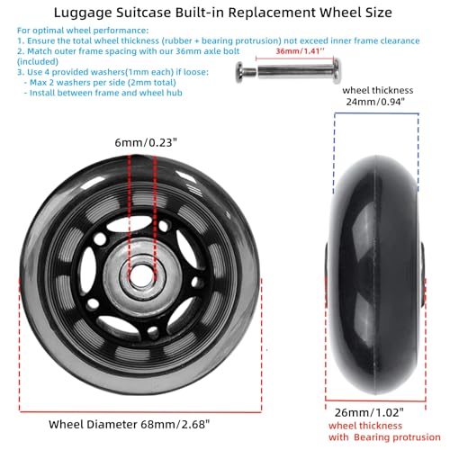 Rhinenet Replacement Luggage Suitcase Wheels OD 68mm Repair Kit Parts Axles Rubber Metal Clear Wheel Roller Bearings Tools Wear-Resistant Mute Flexible Set of (2) Wheels 68mm x 24mm x 6mm - Image 3