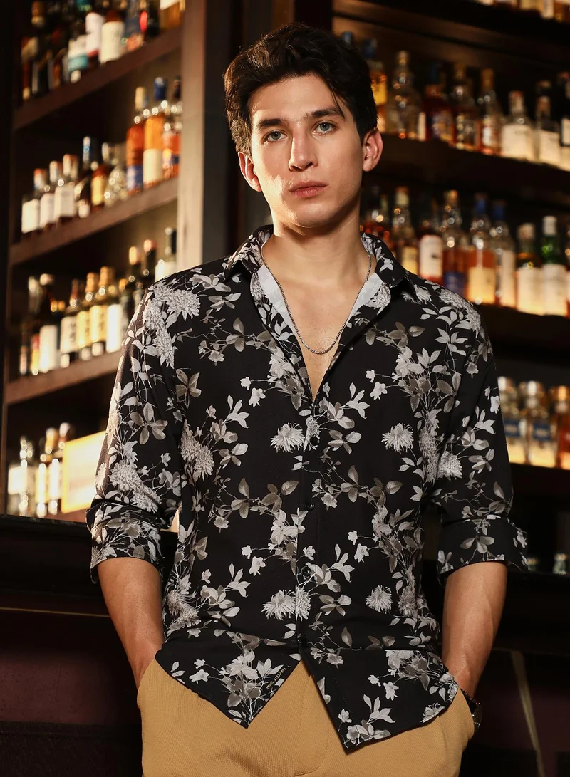 كامبوس سوترا Campus Sutra Men's Onyx Black Mono-Botanics Imprint Shirt | Spread Collar , Long  Cuffed Sleeves , Button Closure | Digital Floral Print Plain | Cotton-Blend Shirt For Casual Wear