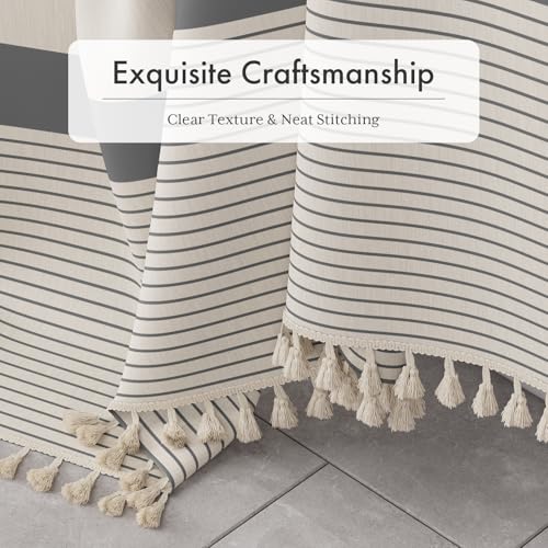 AmazerBath Boho Shower Curtain Set, Grey Shower Curtain with Tassels, Rustic Faux Linen Gray Striped Modern Farmhouse Shower Curtain with Hooks, Light Tan Toned, 72x72 Inches - Image 3