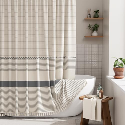 AmazerBath Boho Shower Curtain Set, Grey Shower Curtain with Tassels, Rustic Faux Linen Gray Striped Modern Farmhouse Shower Curtain with Hooks, Light Tan Toned, 72x72 Inches - Image 1