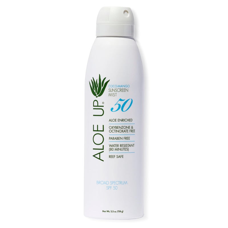 Aloe Up White Collection Continuous Sunscreen Spray SPF 50 Broad Spectrum UVA/UVB Sunscreen Protector for Face and Body with Moisturizing Aloe Vera Gel Reef Safe Coco Mango Fragrance 5.5 Fl. Oz - Image 1
