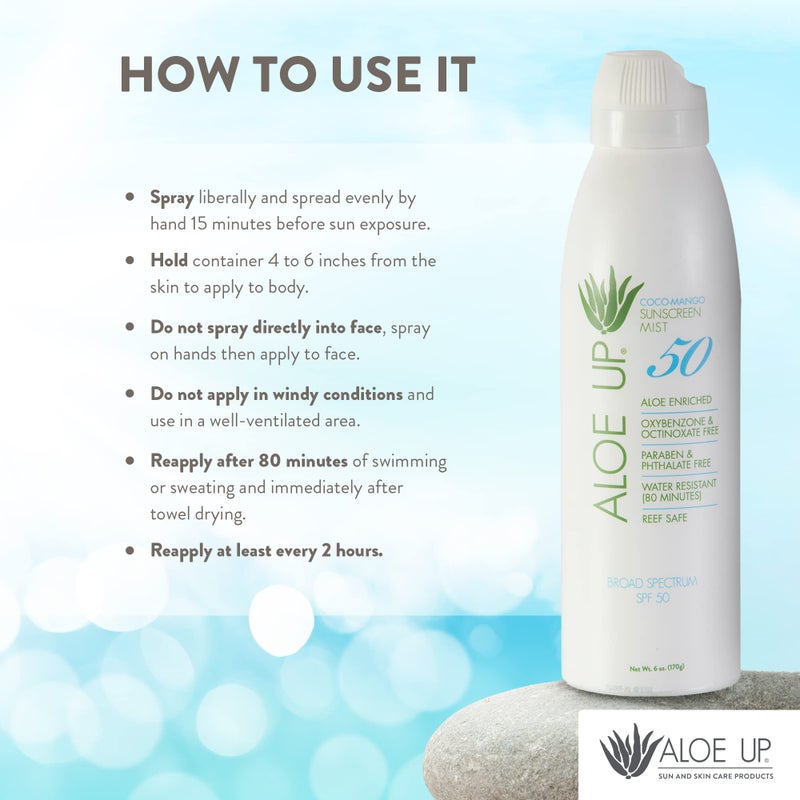 Aloe Up White Collection Continuous Sunscreen Spray SPF 50 Broad Spectrum UVA/UVB Sunscreen Protector for Face and Body with Moisturizing Aloe Vera Gel Reef Safe Coco Mango Fragrance 5.5 Fl. Oz - Image 5