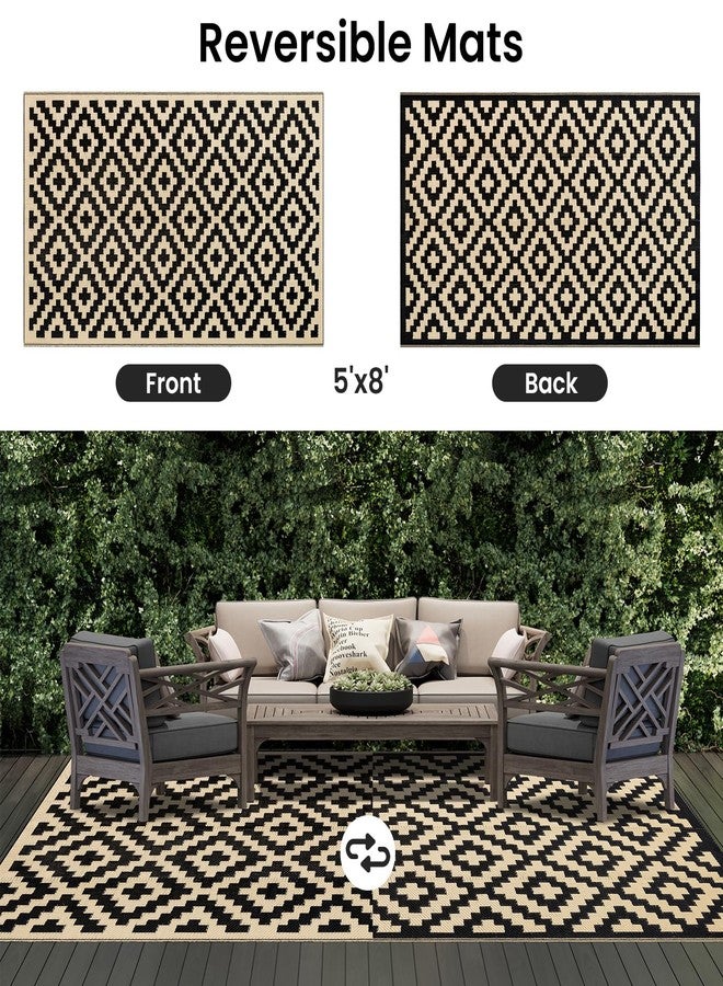 Smiry Waterproof Outdoor Rug 4x6 ft, Reversible Plastic Straw Patio Camping Rugs, Outdoor Indoor RV Mat Carpet for Patio, Outside Entry, Backyard, Deck, Bench, Picnic, Camper, Black & Beige - Image 3