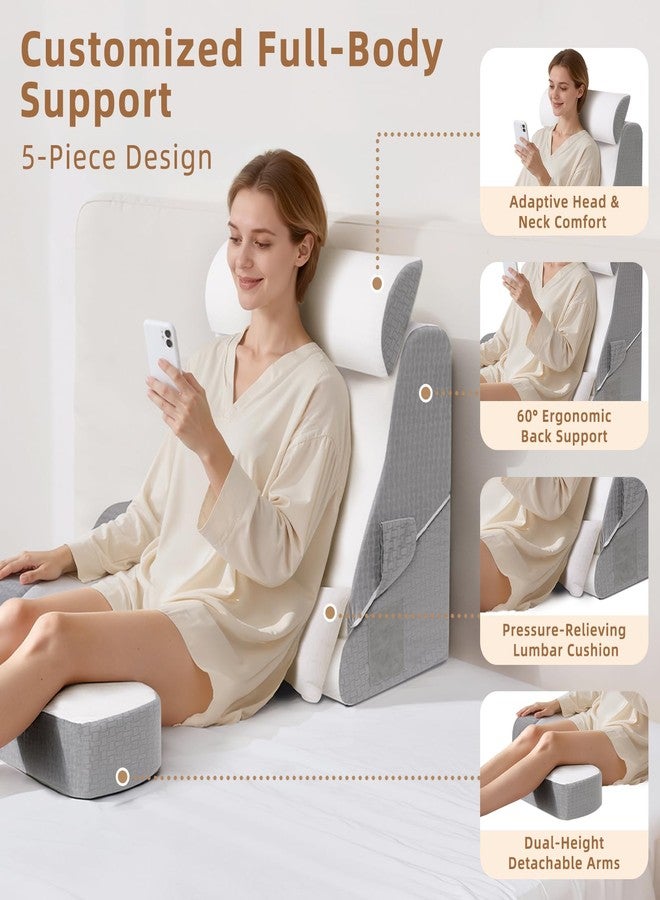 ESUERDO 5PCS Reading Pillow for Sitting in Bed Adult, 2 in 1 Foldable Back Wedge Pillow for Sleep, Ergonomic Back Support Pillow with Arms for Watching TV, Gaming, Working, Recovery, 19” White/Grey - Image 4