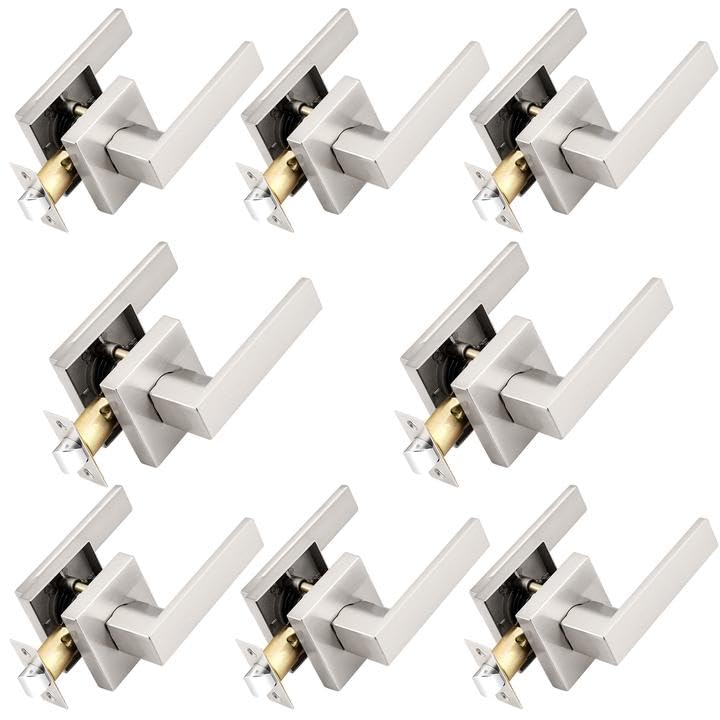 Probrico Interior Brushed Nickel Door Handle, Heavy Duty, Flat Square Passage Door Handles, Keyless Door Levers Lockset for Closet and Hallway (8 Pack, Modern) - Image 1