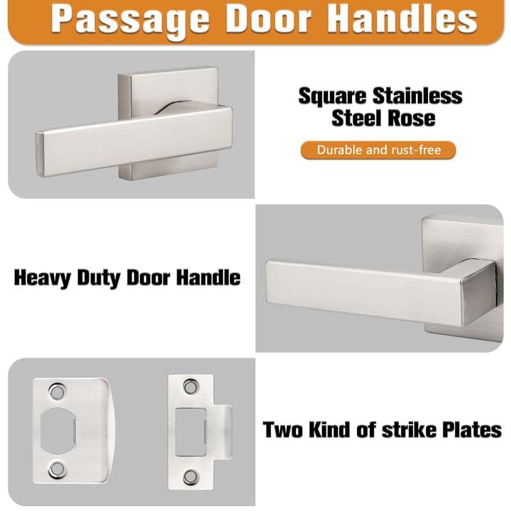 Probrico Interior Brushed Nickel Door Handle, Heavy Duty, Flat Square Passage Door Handles, Keyless Door Levers Lockset for Closet and Hallway (8 Pack, Modern) - Image 3