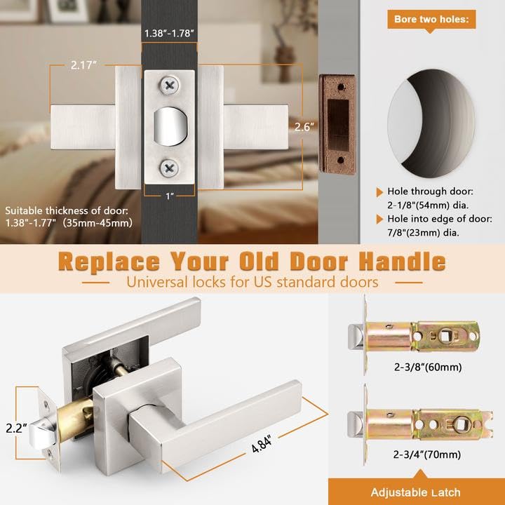 Probrico Interior Brushed Nickel Door Handle, Heavy Duty, Flat Square Passage Door Handles, Keyless Door Levers Lockset for Closet and Hallway (8 Pack, Modern) - Image 4