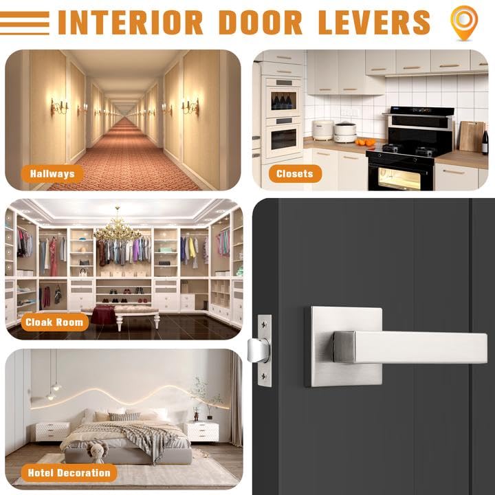 Probrico Interior Brushed Nickel Door Handle, Heavy Duty, Flat Square Passage Door Handles, Keyless Door Levers Lockset for Closet and Hallway (8 Pack, Modern) - Image 5