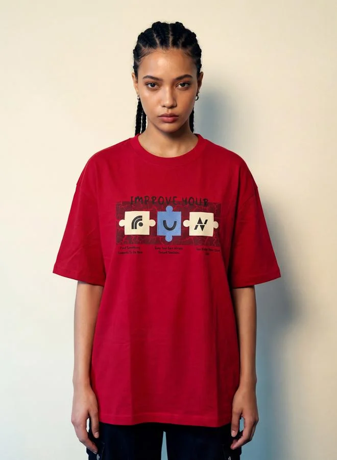 تايك تو Red Graphic Print Round Neck Oversized T-Shirt By Reprise