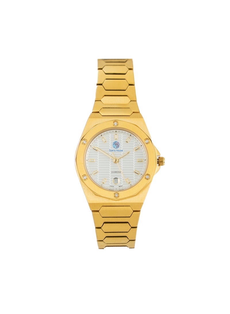 Opera House Luxury 6 Real Diamond Stones (1.2–1.25mm SI2 GH) Analog Quartz Watch, 41mm Silver Stainless Steel 304 Case, Crystal Glass, 3ATM Water Resistant, Gold Stainless Steel Bracelet with Butterfly Clasp - Image 4