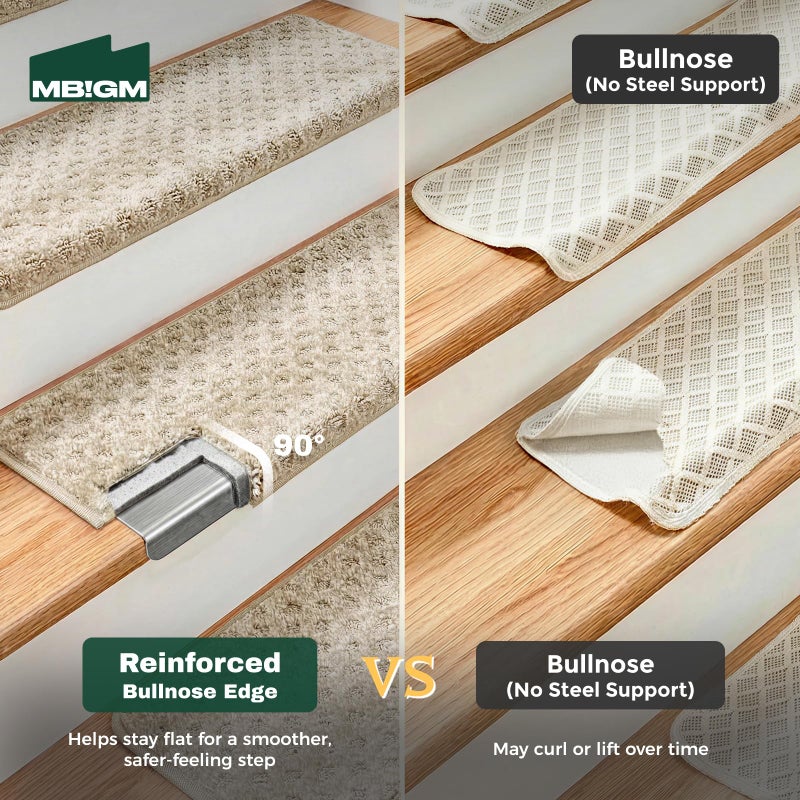 MBIGM Bullnose Carpet Stair Treads Non Slip Stair Mats for Wooden Stairs (14, Warm Ivory - Lattice, 9.5" x 30") - Image 2