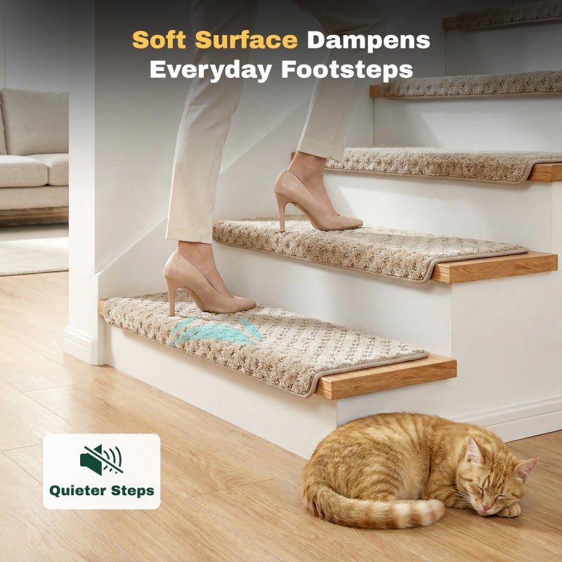 MBIGM Bullnose Carpet Stair Treads Non Slip Stair Mats for Wooden Stairs (14, Warm Ivory - Lattice, 9.5" x 30") - Image 4