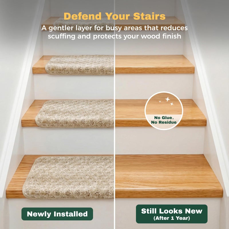 MBIGM Bullnose Carpet Stair Treads Non Slip Stair Mats for Wooden Stairs (14, Warm Ivory - Lattice, 9.5" x 30") - Image 5