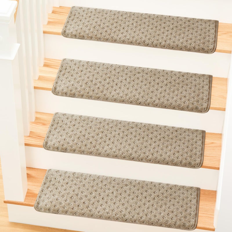 MBIGM Bullnose Carpet Stair Treads Non Slip Stair Mats for Wooden Stairs (14, Warm Ivory - Lattice, 9.5" x 30") - Image 1