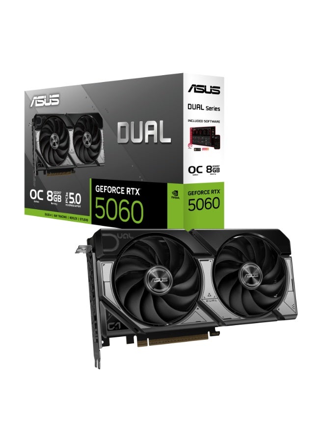 ASUS Dual GeForce RTX 5060 O8G Graphics Card, 8GB GDDR7, PCIe 5.0, OC Edition, 2565MHz Boost Clock, Dual Axial-Tech Fans, 2.5-Slot Design, HDMI 2.1, 3x DisplayPort 2.1, DLSS 4, Ray Tracing, Dual BIOS, VR-Ready, Auto-Extreme Build, 8-Pin Power, Black | 90YV0N12-M0NA00