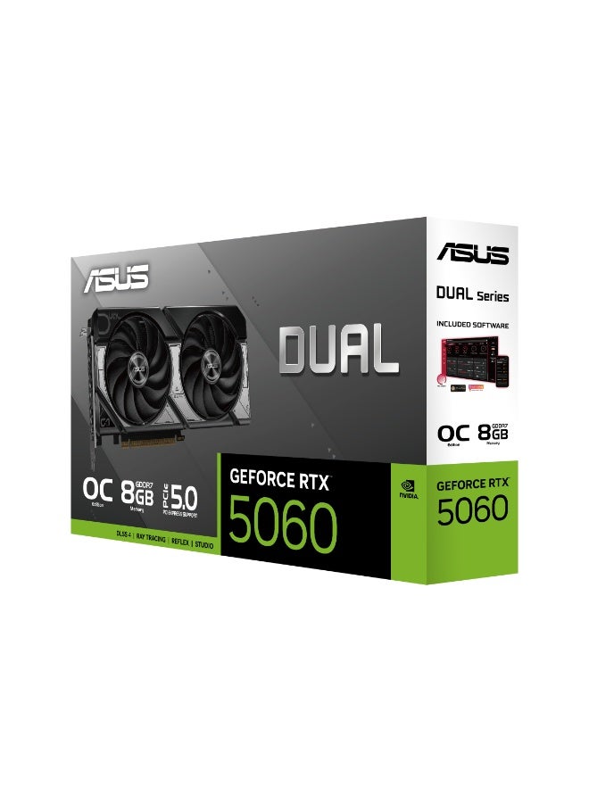 أسوس بطاقة الرسوميات ديوال جيفورس RTX 5060 O8G، 8GB GDDR7، PCIe 5.0، إصدار OC، تردد تعزيز 2565MHz، مروحتان بتقنية المحور المزدوج، تصميم 2.5 فتحة، HDMI 2.1، 3x DisplayPort 2.1، DLSS 4، تتبع الأشعة، ديوال BIOS، جاهزة للواقع الافتراضي، بناء أوتوماتيكي متقدم، طاقة 8 دبابيس، أسود | 90YV0N12-M0NA00 - Image 2