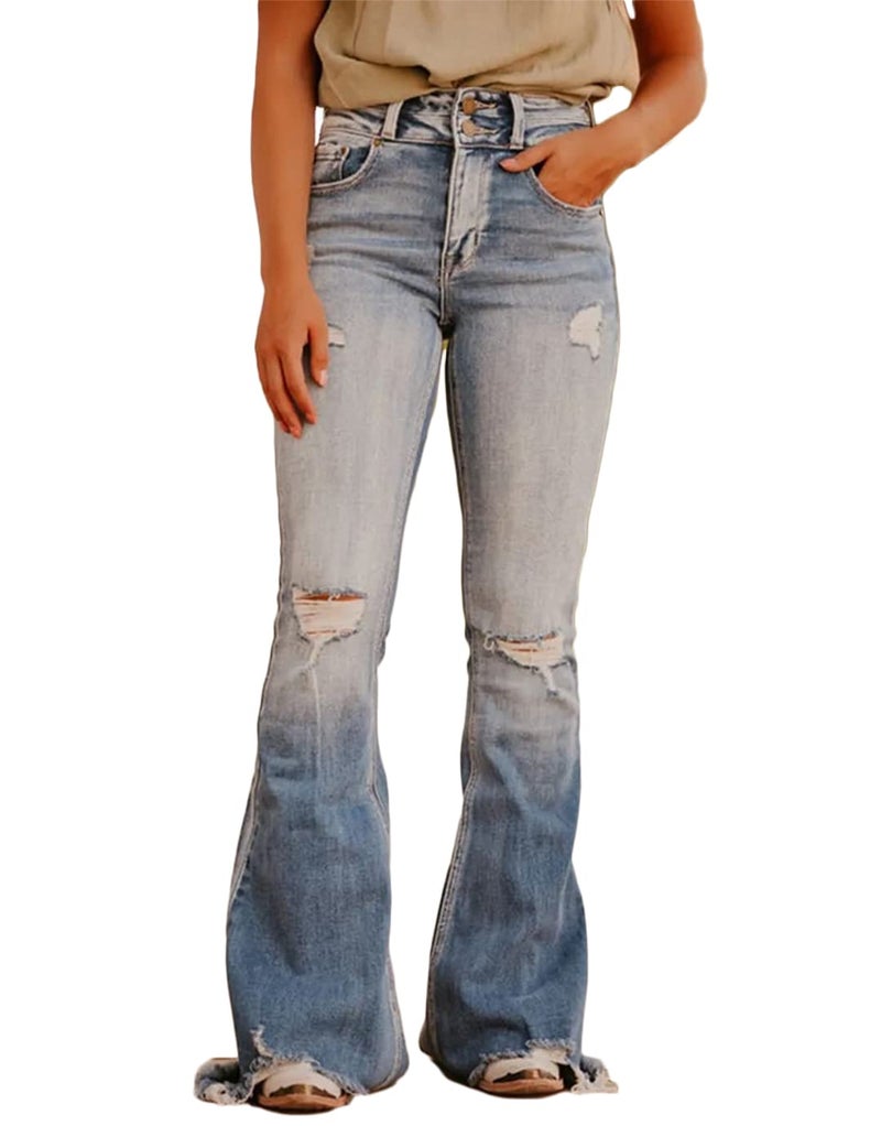 Flamingals Flare Bell Bottom Jeans for Women Raw Hem High Waist Blue S - Image 1