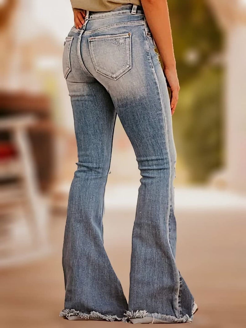 Flamingals Flare Bell Bottom Jeans for Women Raw Hem High Waist Blue S - Image 3