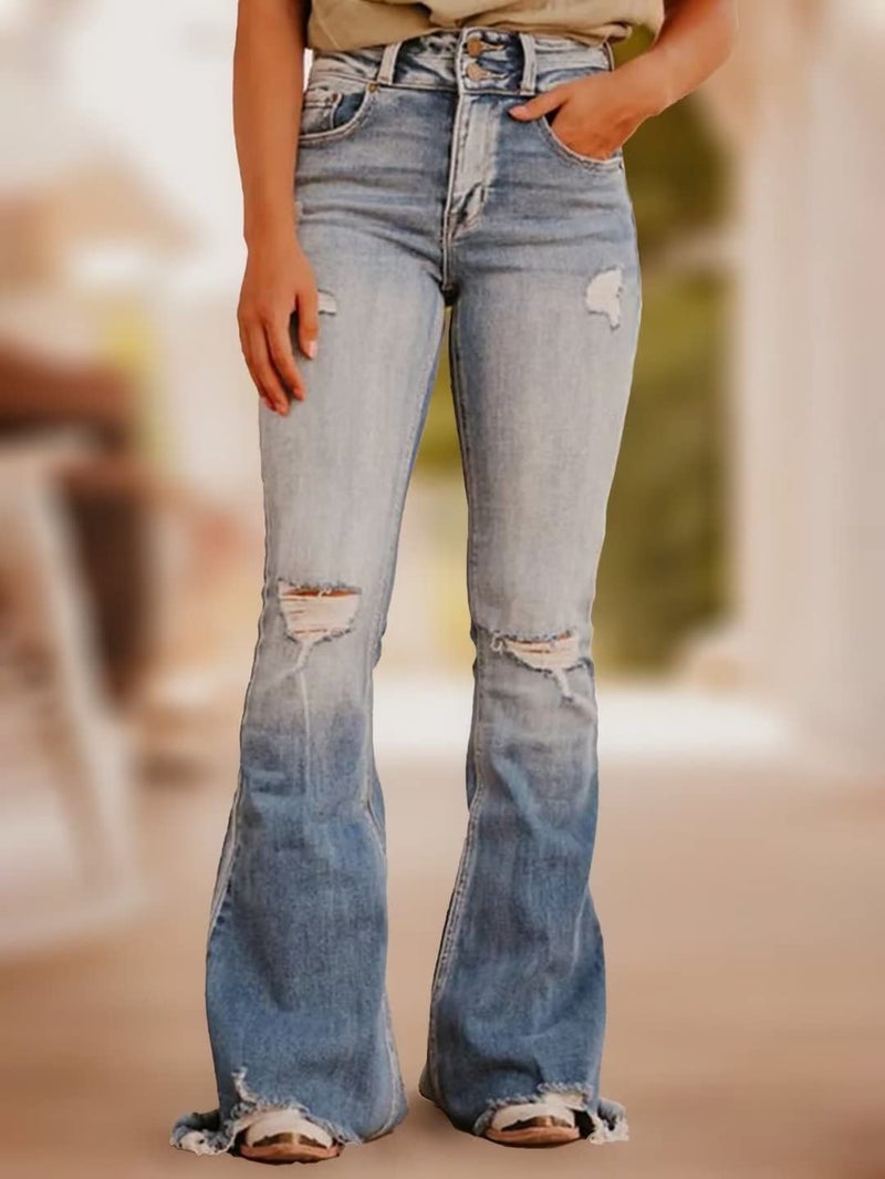 Flamingals Flare Bell Bottom Jeans for Women Raw Hem High Waist Blue S - Image 2