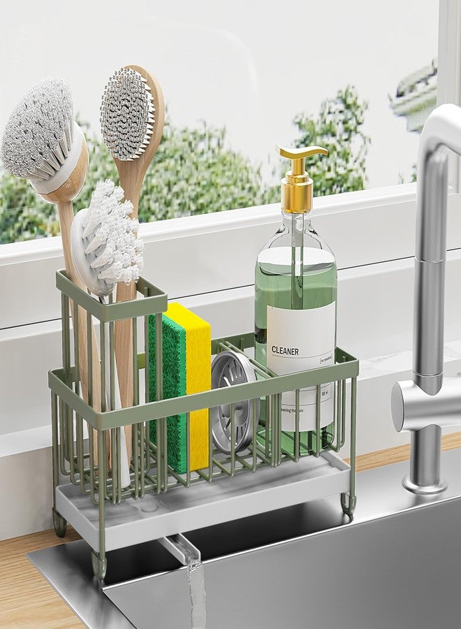 Cisily Sage Green Sponge Holder for Kitchen Sink, Sink Caddy Organizer with High Brush Holder, Kitchen Countertop Organizers and Storage Essentials, Rustproof 304 Stainless Steel, Soap Dispenser - Image 1