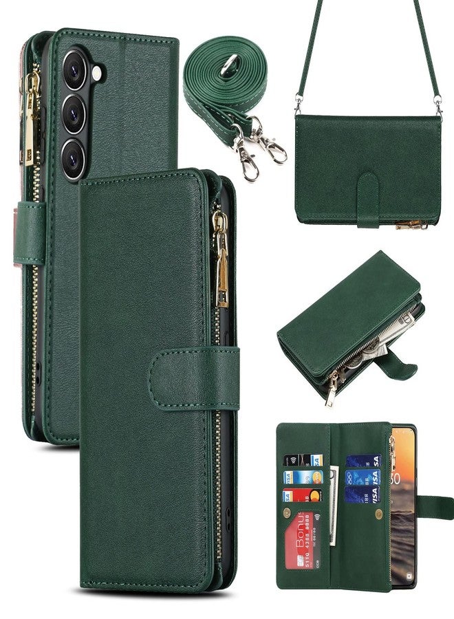 iCoverCase for Samsung Galaxy S23 Wallet Case with Card Holder, Kickstand Feature PU Leather Case with Adjustable Crossbody Lanyard Magnetic Clasp Zipper Pocket Flip Cover (Green) - Image 1