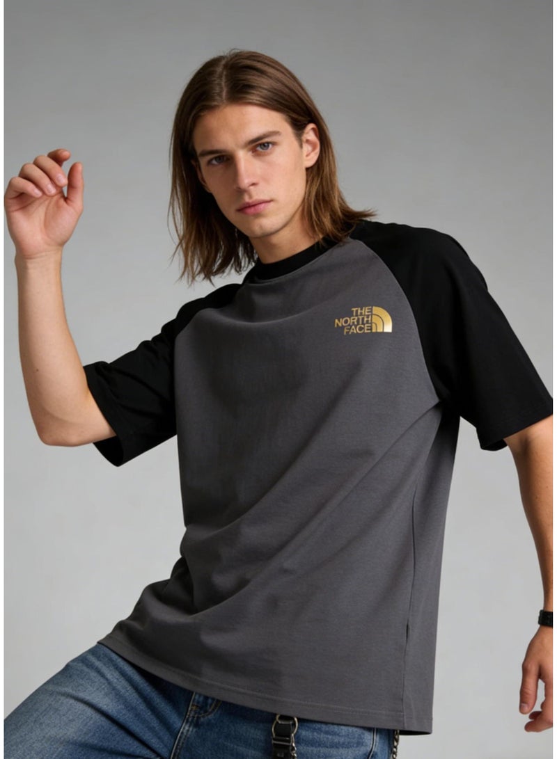 THE NORTH FACE Style Black & Grey Color Block Raglan T-Shirt Unisex Loose Casual Couple Short Sleeve Tee Style Black & Grey Color Block Raglan T-Shirt Unisex Loose Casual Couple Short Sleeve Tee - Image 1