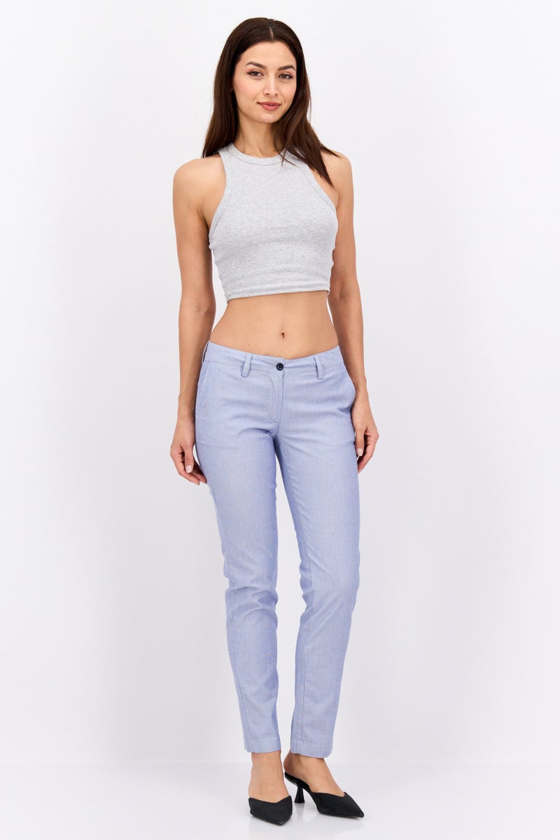 Robe Di Kappa Women Slim Fit Straight Leg Chambray Chino Pants, White-Blue - Image 4