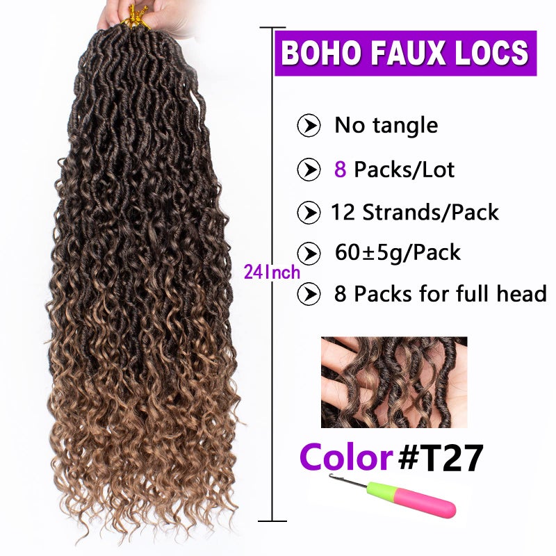 ZRQ 8 Packs Boho Faux Locs Crochet Hair 24 Inch Ombre Goddess Locs Croceht Braids, Pre Looped Boho Goddess Loc,Curly Bohemian Locs With Curly Ends Hair Extension T27# - Image 2
