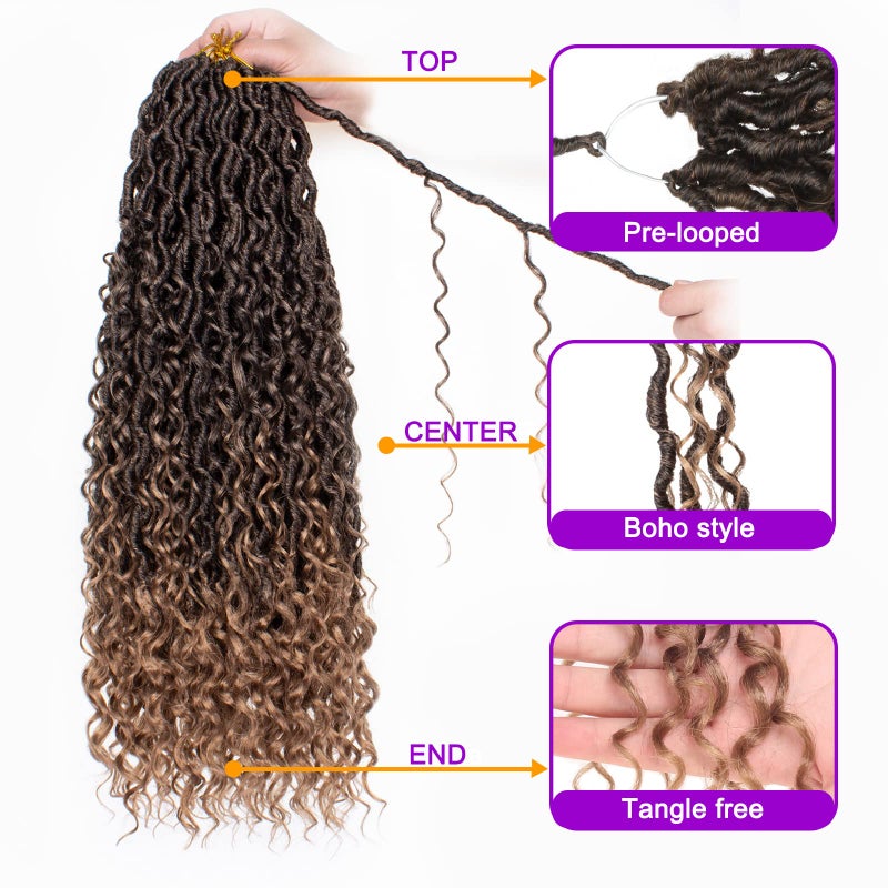 ZRQ 8 Packs Boho Faux Locs Crochet Hair 24 Inch Ombre Goddess Locs Croceht Braids, Pre Looped Boho Goddess Loc,Curly Bohemian Locs With Curly Ends Hair Extension T27# - Image 3