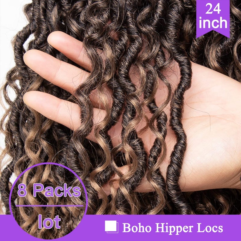 ZRQ 8 Packs Boho Faux Locs Crochet Hair 24 Inch Ombre Goddess Locs Croceht Braids, Pre Looped Boho Goddess Loc,Curly Bohemian Locs With Curly Ends Hair Extension T27# - Image 4