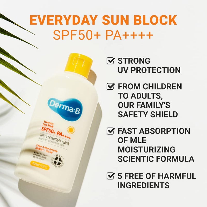 derma b ديرما بي بلوك الشمس اليومي حجم كبير واقي شمس SPF50+ PA++++ 6.71 أونصة سائلة، 200 مل مرطب خفيف الوزن سريع الامتصاص SPF، غير لزج للوجه والجسم لبشرة نضرة، لوشن حماية كوري - Image 2