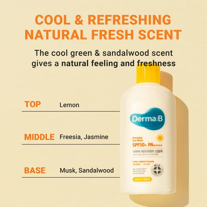 derma b ديرما بي بلوك الشمس اليومي حجم كبير واقي شمس SPF50+ PA++++ 6.71 أونصة سائلة، 200 مل مرطب خفيف الوزن سريع الامتصاص SPF، غير لزج للوجه والجسم لبشرة نضرة، لوشن حماية كوري - Image 4