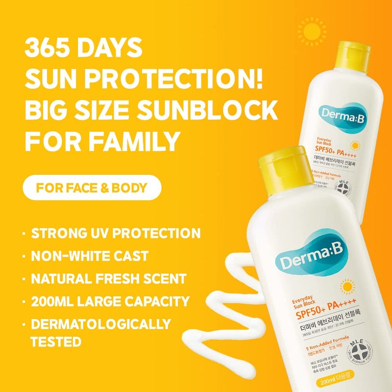 derma b ديرما بي بلوك الشمس اليومي حجم كبير واقي شمس SPF50+ PA++++ 6.71 أونصة سائلة، 200 مل مرطب خفيف الوزن سريع الامتصاص SPF، غير لزج للوجه والجسم لبشرة نضرة، لوشن حماية كوري - Image 1