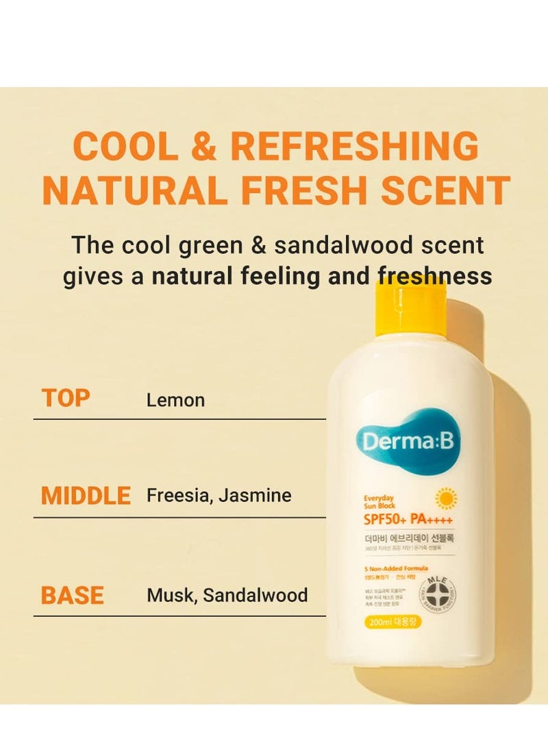 derma b Derma B Everyday Sun Block Large Size Sunscreen SPF50+ PA++++ 6.71 Fl Oz, 200ml Fast-Absorbing Lightweight SPF Moisturizer, Facial Body Non-Sticky for Dewy Skin, Korean Protection Lotion  - Image 2
