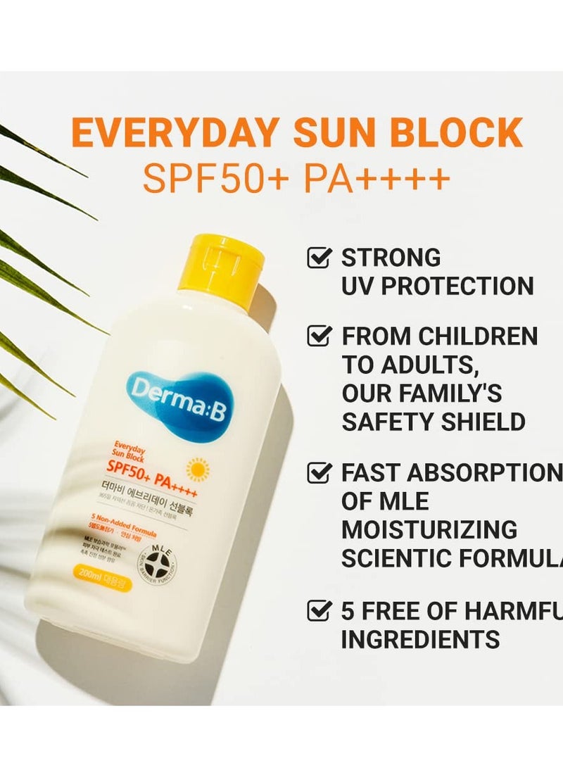derma b Derma B Everyday Sun Block Large Size Sunscreen SPF50+ PA++++ 6.71 Fl Oz, 200ml Fast-Absorbing Lightweight SPF Moisturizer, Facial Body Non-Sticky for Dewy Skin, Korean Protection Lotion  - Image 4