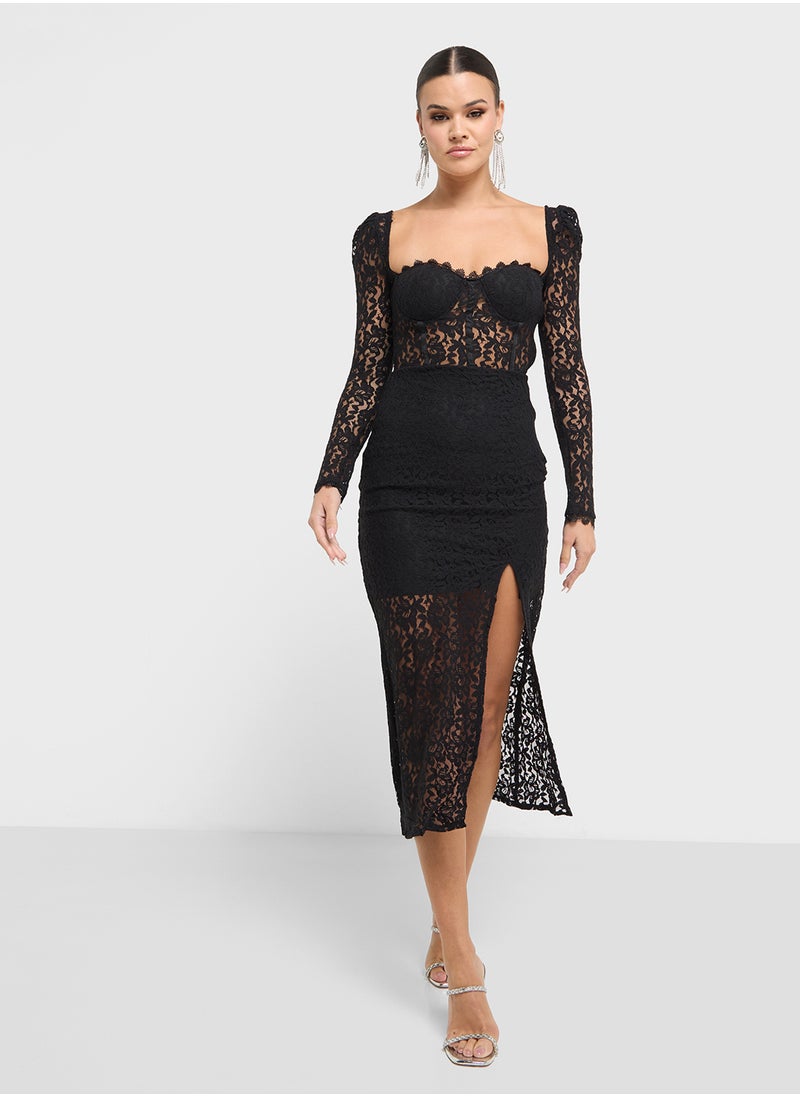 Ella Limited Edition - Puff Sleeve Lace Dress With Slit - Image 1