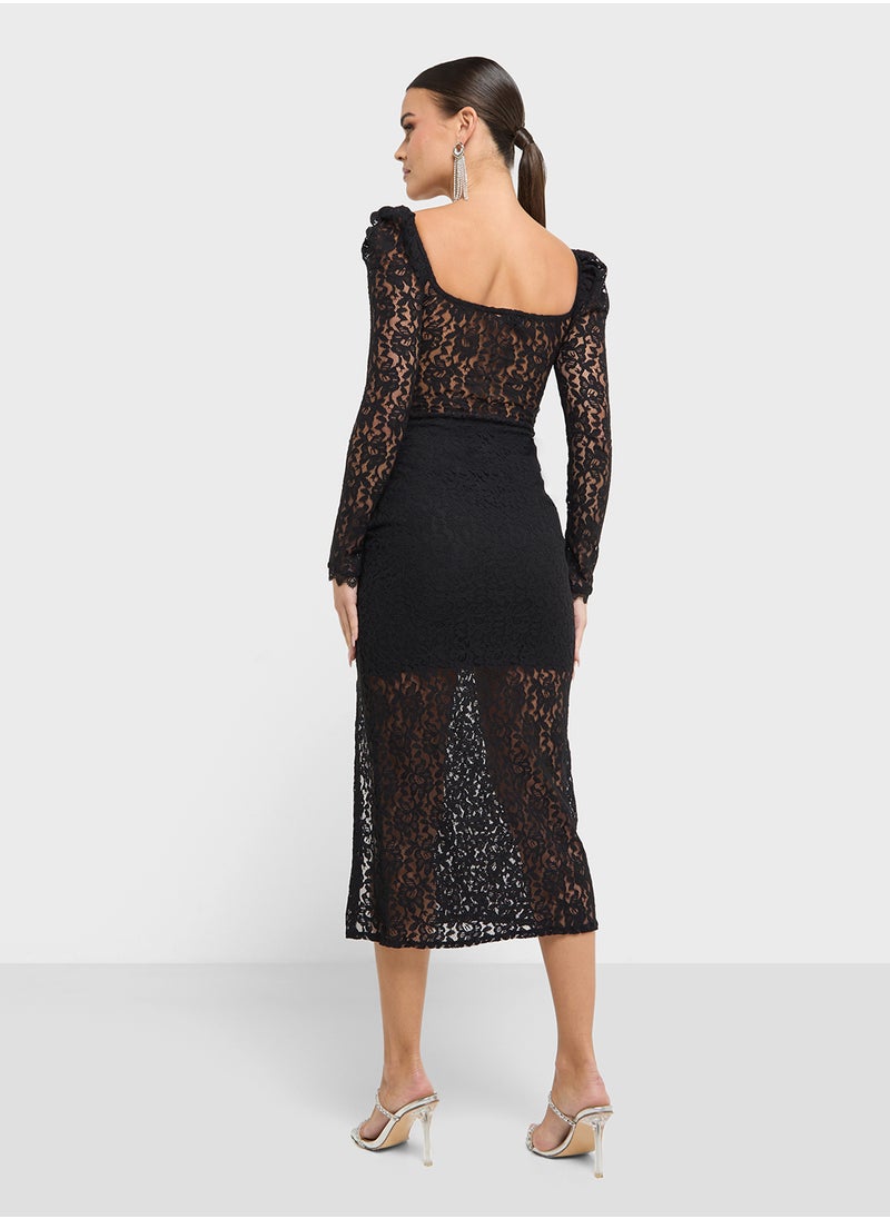 Ella Limited Edition - Puff Sleeve Lace Dress With Slit - Image 1