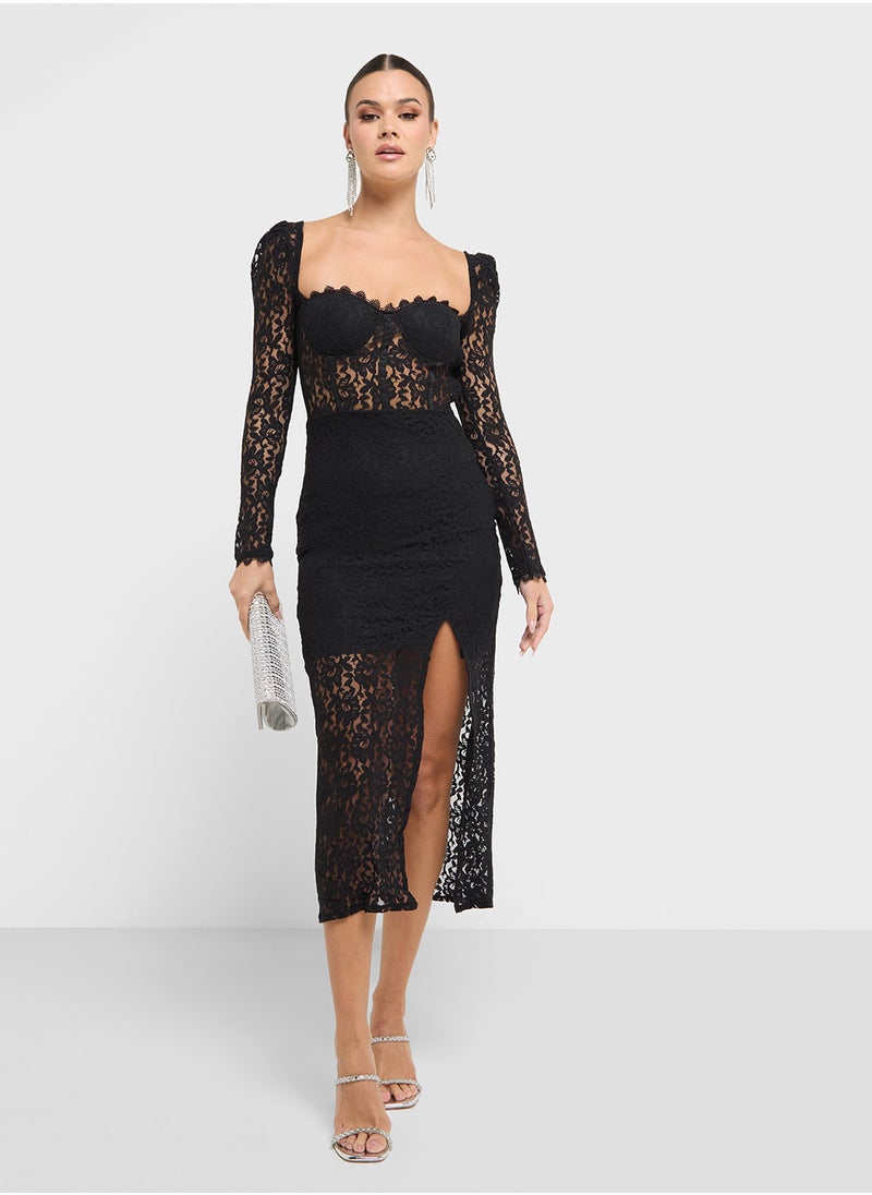 Ella Limited Edition - Puff Sleeve Lace Dress With Slit - Image 1