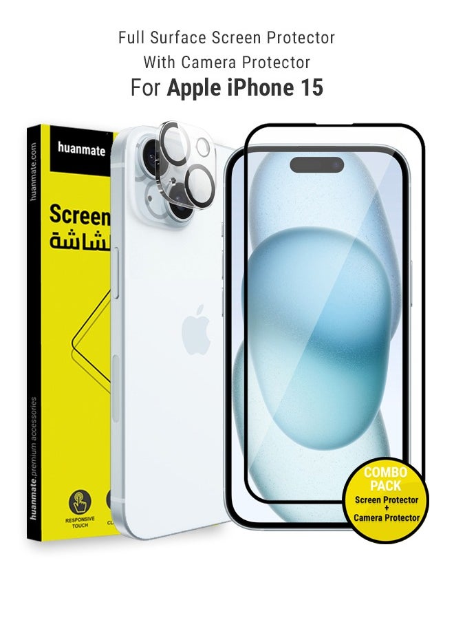 huanmate 2 In 1 Pack Of Full Screen Protector With Camera Protector For Apple iPhone 15 Black/Clear  - Image 1