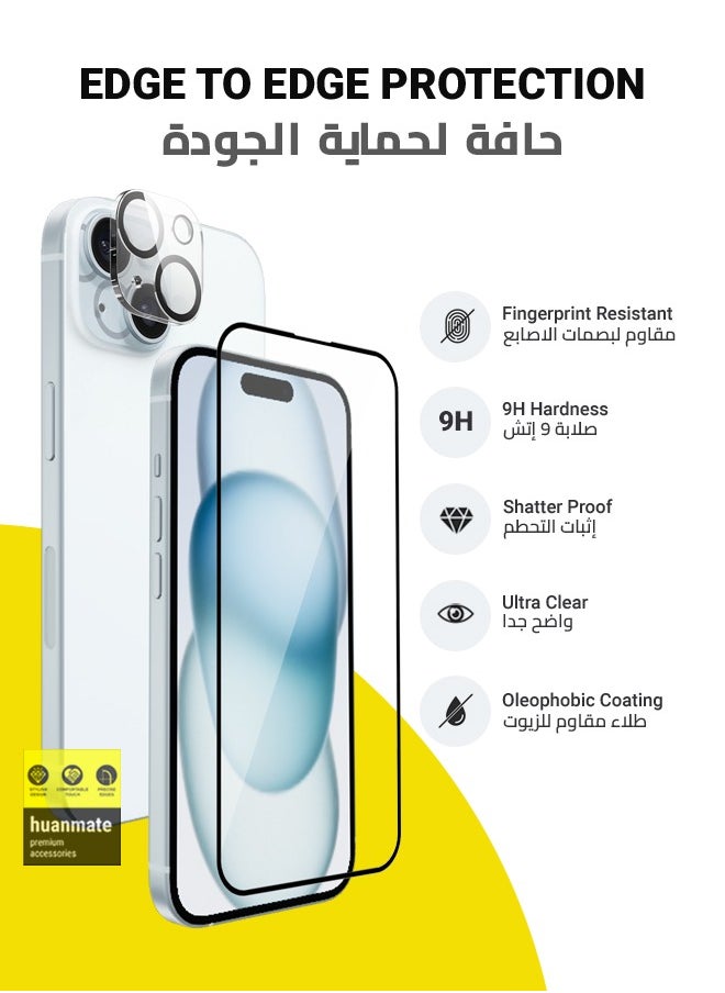 huanmate 2 In 1 Pack Of Full Screen Protector With Camera Protector For Apple iPhone 15 Black/Clear  - Image 2