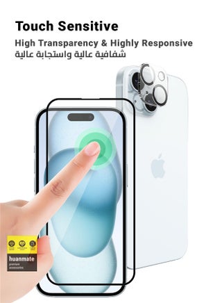 مجموعة 2 في 1 من واقي الشاشة الكامل مع واقي الكاميرا لهاتف Apple iPhone 15 باللون الأسود/الشفاف - view 5