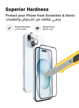 مجموعة 2 في 1 من واقي الشاشة الكامل مع واقي الكاميرا لهاتف Apple iPhone 15 باللون الأسود/الشفاف - view 4