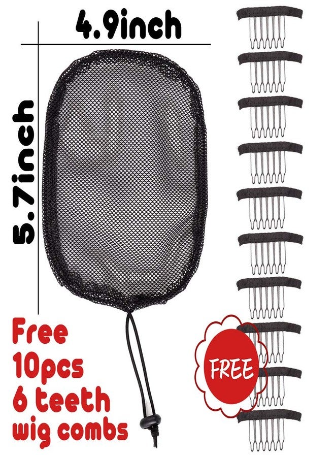Nunify 5 Pcs Hair Net for Making Afro Puff Drawstring Ponytail And Afro Hair Bun - Black Glueless Ponytail Hairnet with 10 Pcs Wig Combs - Adjustable Strap Afro Hair Bun Weaving Net For Women (S/Square) - Image 2