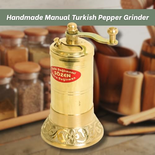 Ottoman Inspirations Sozen 4.3" Manual Pepper Grinder Brass – Handmade Turkish Pepper Mill, Conical Burr Spice Grinder, Portable Hand Crank Mill for Salt, Peppercorns, and Other Spices with Durable Brass Decor - Image 2